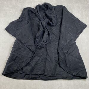 Black Shawl Poncho Womens Large Fringe Button Front Wool Elegant Wrap